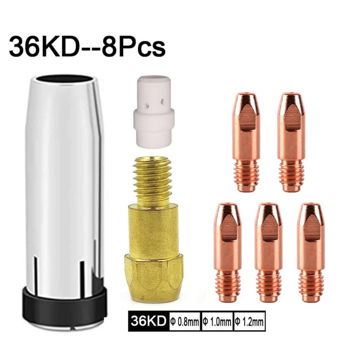 8-piece 36KD MIG welding torch tips kit including nozzle, gas diffuser, and various contact tips for improved welding.