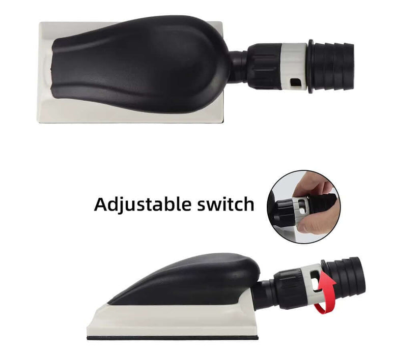 Hand sanding block with adjustable switch and air valve, designed for dust-free automotive bodywork applications.