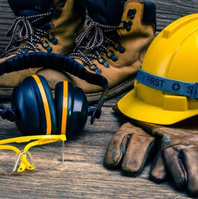 Safety equipment including hard hat, safety glasses, earmuffs, gloves, and work boots on a wooden surface.