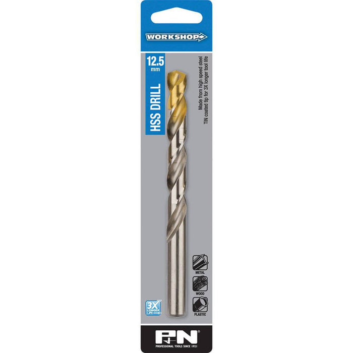 P&N Workshop 12.5mm HSS Drill Bit Tin Tipped, Rust-Resistant with Split Point Tip for Precision Drilling.