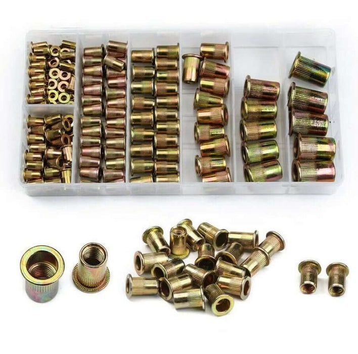 165PCS Carbon Steel Rivet Nut Insert set in a storage box, featuring various sizes and zinc-plated finish.