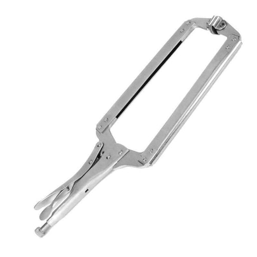 18-inch heat-treated alloy steel welding C clamp with 3.25-inch jaw opening for secure grip and adjustable positions.