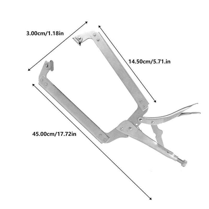 Welding C Clamp 18 Inch with dimensions labeled in centimeters and inches, showcasing adjustable jaw opening and locking mechanism.