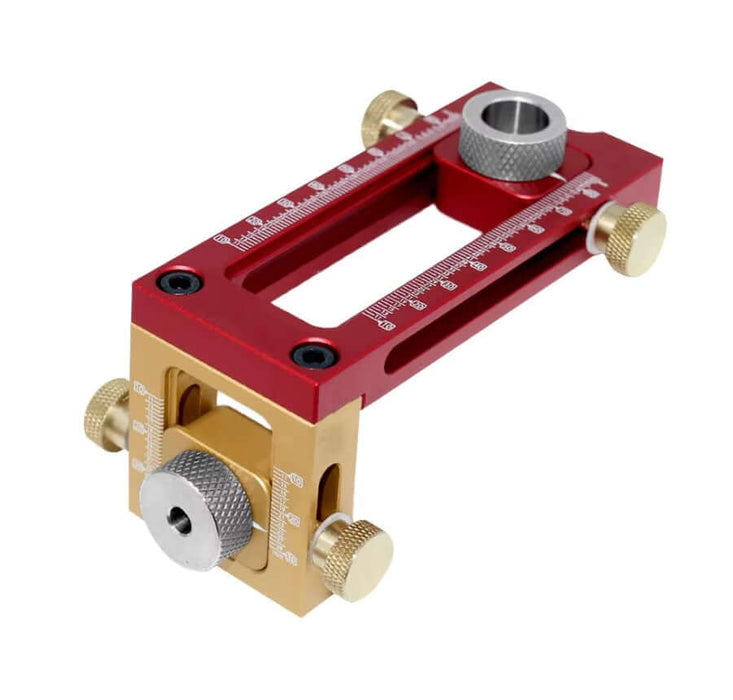 2-in-1 drill guide doweling jig in red and gold with adjustable settings for precise screw punch locating.