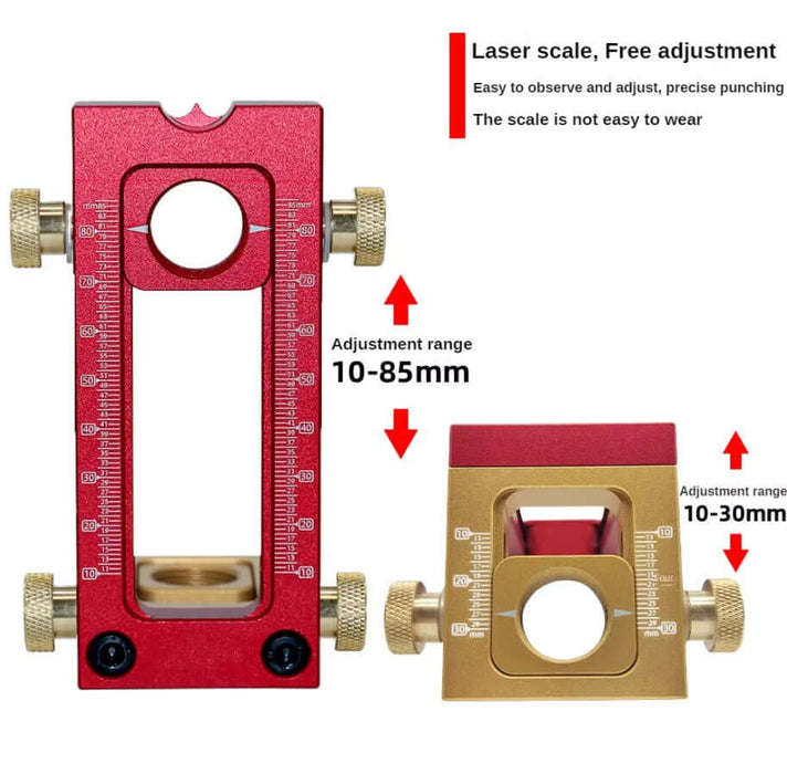 2-in-1 drill guide doweling jig featuring red and gold colors with adjustable ranges of 10-85mm and 10-30mm for precise punching.