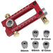 2-in-1 drill guide doweling jig in red with stainless steel drill sleeves 6mm, 8mm, 10mm, 12mm, and 15mm for precise screw locating.