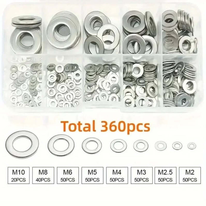 360pc stainless steel washer set with various sizes in a plastic carry box, including M10, M8, M6, M5, M4, M3, M2.5, and M2 washers.