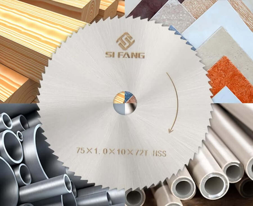 "75mm HSS cutting disc set with wood, metal, and tile materials backdrop, ideal for high-speed sanding and material removal."