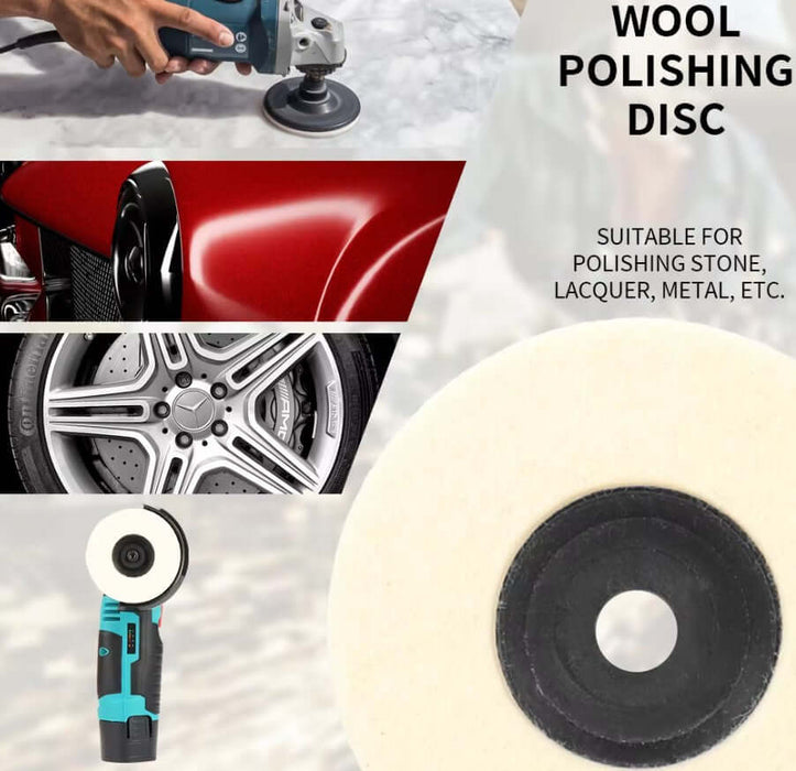 Wool polishing disc for polishing stone, lacquer, metal; suitable for automotive and DIY projects; versatile and durable.