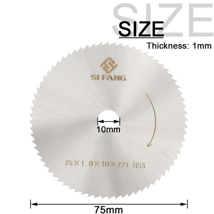 75mm HSS cutting disc with 1mm thickness and 10mm center hole, ideal for precision cutting tasks.