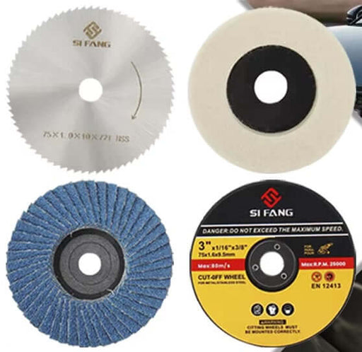 Cutting and sanding disc set including blue zirconia flap disc, HSS cutting disc, and grinding wheels for high-speed material removal.