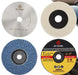 Cutting and sanding disc set including blue zirconia flap disc, HSS cutting disc, and grinding wheels for high-speed material removal.