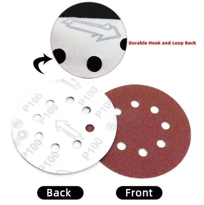 125mm sanding discs showing front and back, featuring durable hook and loop attachment, designed for effective sanding performance.