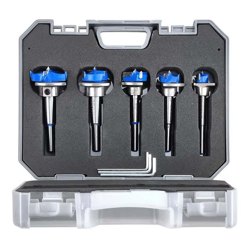 5-piece Forstner drill bit set in case, sizes 15-35mm, tungsten carbide, spike design, precise wood drilling, anti-rust surface.