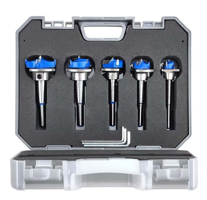 5-piece Forstner drill bit set in case, sizes 15-35mm, tungsten carbide, spike design, precise wood drilling, anti-rust surface.