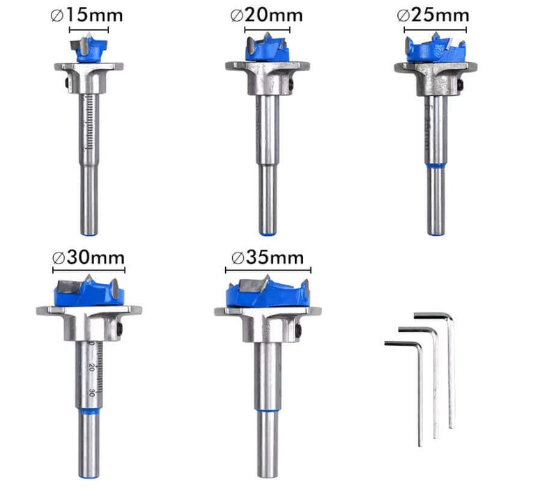 Forstner drill bit set 15-35mm, 5-piece tungsten carbide with spike design and hex keys for precise wood drilling.