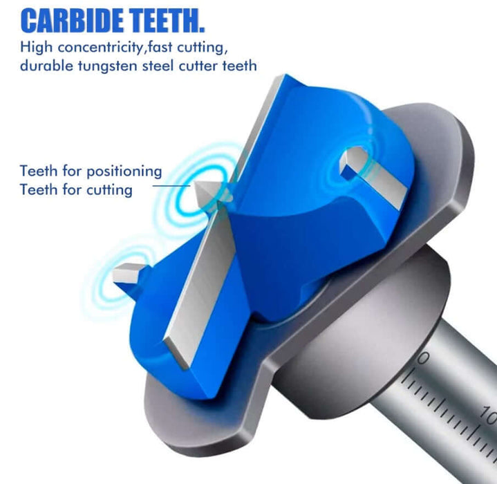 Forstner drill bit with tungsten carbide teeth, shown with labeled cutting and positioning features for precision wood drilling.