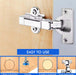 Cabinet hinge installation process showing hinge mounted on wood with step-by-step guide; easy to use.