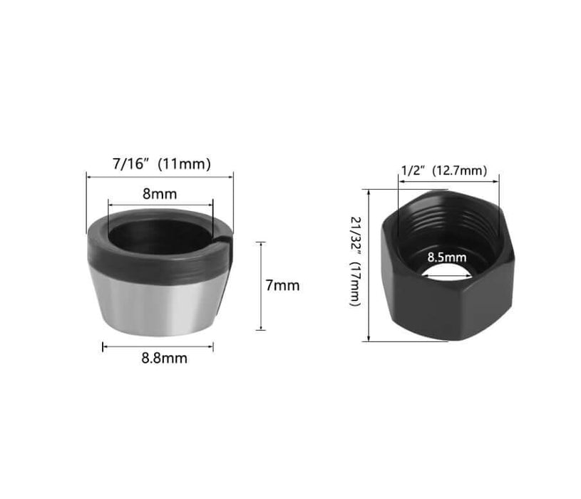 Router milling cutter collet adapters with dimensions of 7mm height, 8.8mm, and 8.5mm diameter, showcasing 6mm and 8mm chuck sizes.