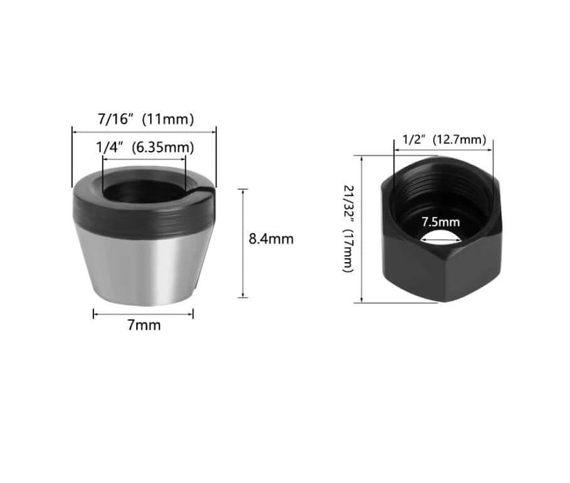 6.35mm router milling cutter collet adapters with precise measurements and durable carbon steel construction