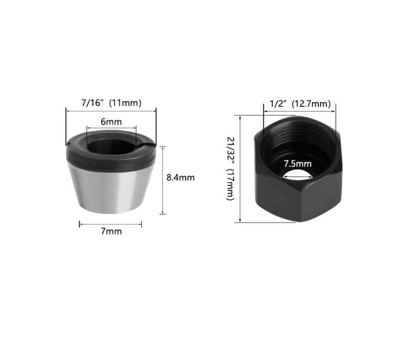 Router collet adapter set with 6mm, 7mm, and 7.5mm dimensions shown for high-quality milling and durable performance