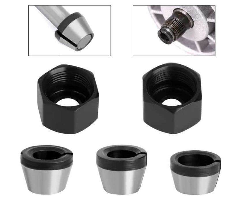 6mm, 6.35mm, and 8mm router milling cutter collet adapters made of durable carbon steel shown in various angles.