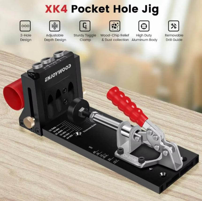 45-Piece 9.5mm three-hole pocket hole jig kit with adjustable depth design and sturdy toggle clamp for woodworking projects.