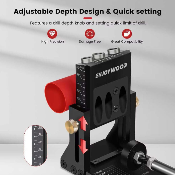 Adjustable depth design on a pocket hole jig for precise drilling and quick setup, enhancing woodworking accuracy.