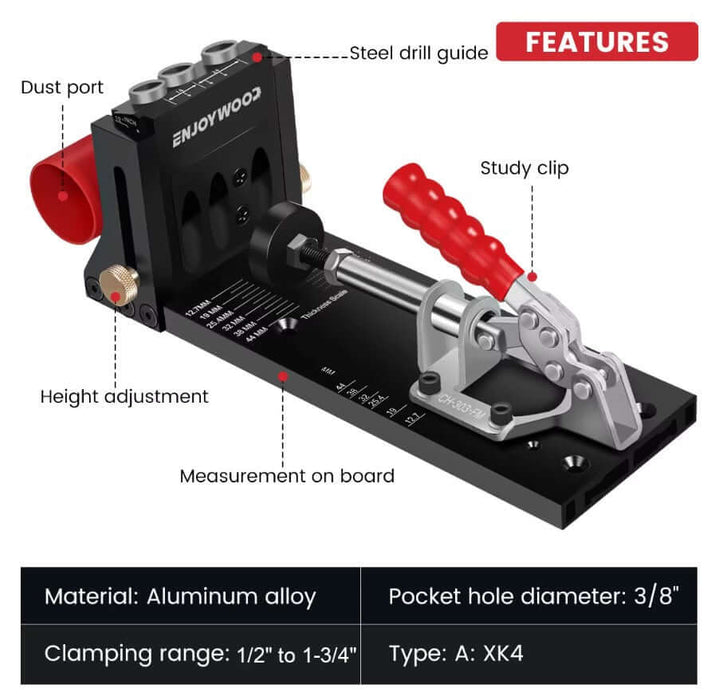 45-Piece 9.5mm Pocket Hole Jig Kit features adjustable steel drill guide for precise woodworking measurements.