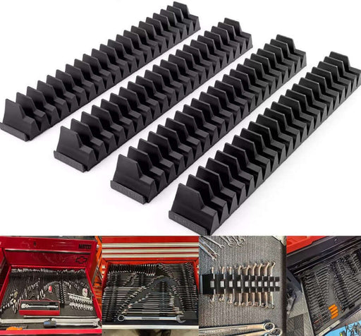 20-piece spanner and wrench storage holder in black, showcasing organized wrenches in tool drawers and on surfaces.