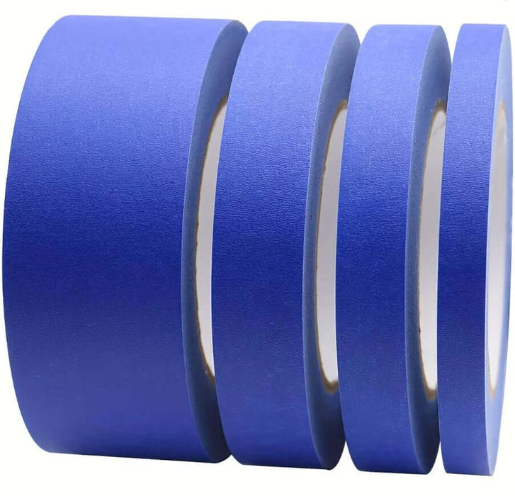 Blue painters tape in multiple sizes; 1/2 inch, 3/4 inch, 1 inch, and 2 inch widths, perfect for clean release and crisp painting lines.