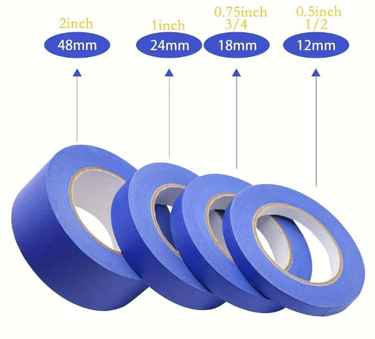 Assorted sizes of blue painters tape including 0.5 to 2 inches, ideal for clean lines in painting and easy removal without residue.