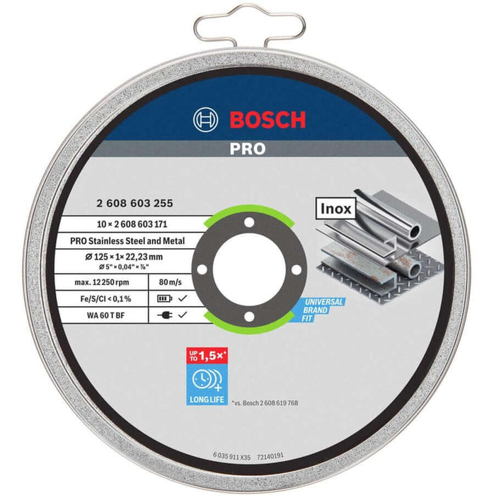 Bosch Pro INOX 125mm Stainless Steel Cutting Disc, 10-pack, showing product label and specifications for angle grinders