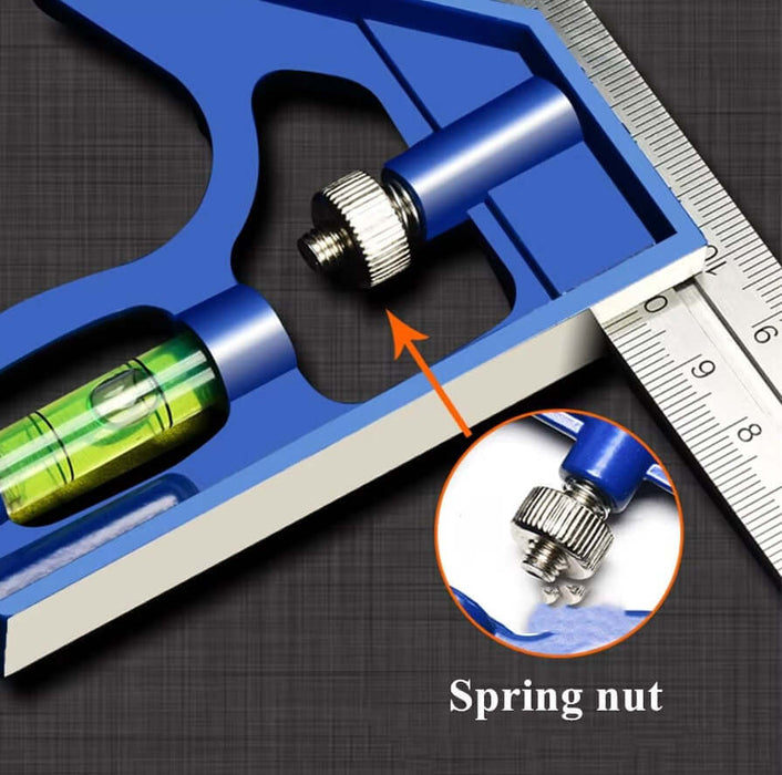 Close-up of blue adjustable rafter square with spring nut and level vial, showcasing precision woodworking tool features.