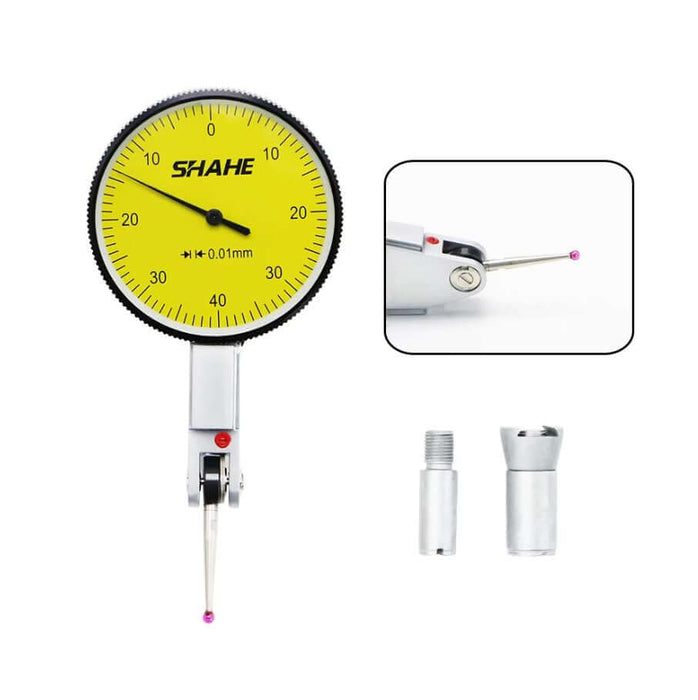 Precision Tools Metric Dial Test Indicator with yellow dial and probe, accurate to ±0.01 mm for precision measurements.