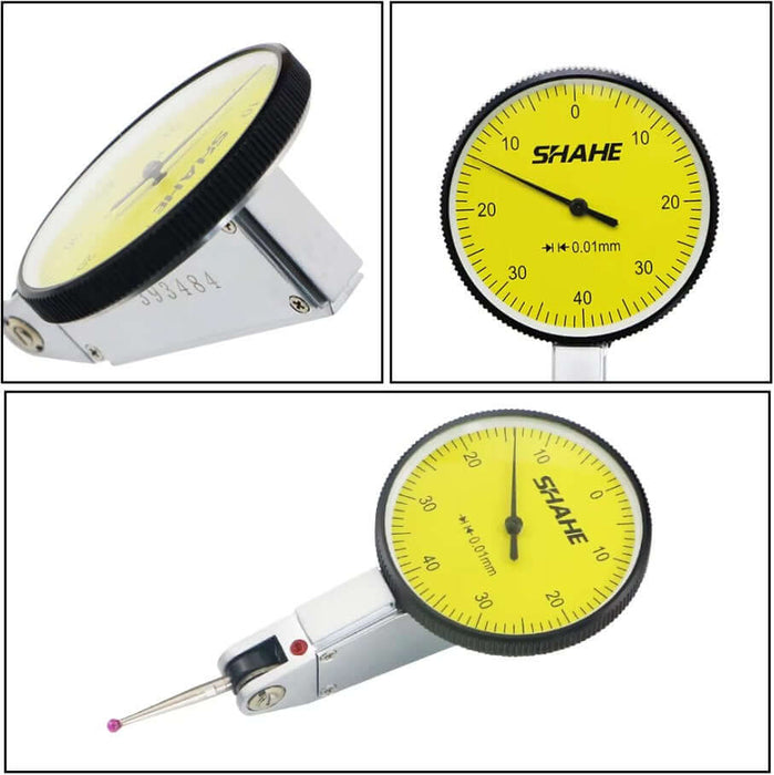 Precision Tools Metric Dial Test Indicator, 0.01 mm accuracy, yellow dial with versatile measurement capabilities.