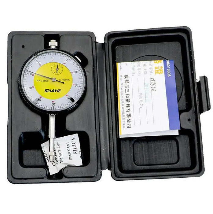 SHAHE Analog Dial Indicator 0-10mm in a protective case for precise measurement in machining and quality control.