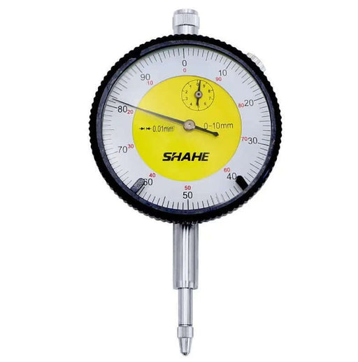 SHAHE analog dial indicator 0-10mm for precision measurements in machining and quality control.