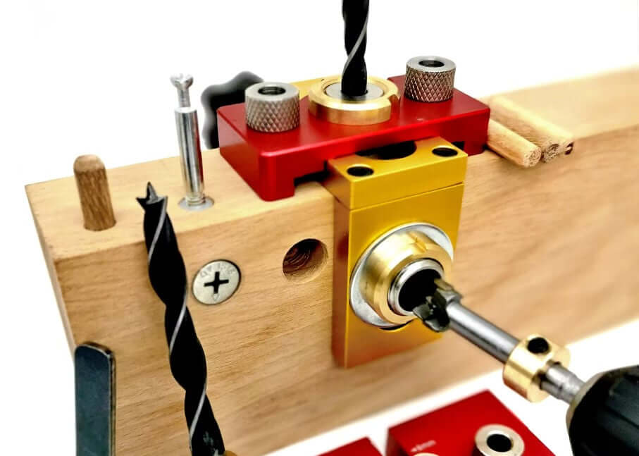 Woodworking 3-in-1 doweling jig kit showcasing aluminum alloy body, drill setup for precise dowel making.