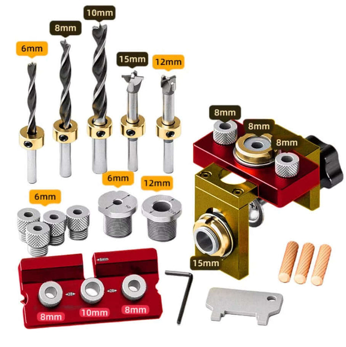 Woodworking 3-in-1 Doweling Jig Kit with metal bushings, drill bits, and tools for precise dowel making and adjustments.