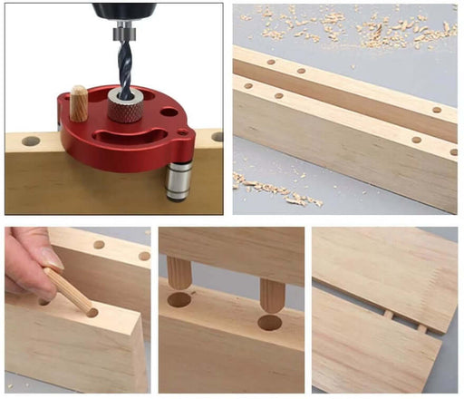 3-10mm dowel jig kit showing drilling guide, wooden pieces, and dowels for accurate hole alignment and joint assembly.