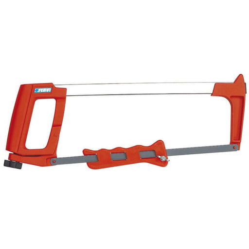 FERVI hacksaw frame with aluminum alloy handle and bi-metal blade, featuring a detachable plastic handle for tight spaces.