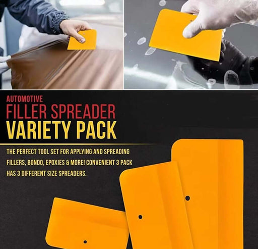 Three-piece automotive body filler spreader variety pack with flexible plastic tools for applying fillers and putty in auto repairs.