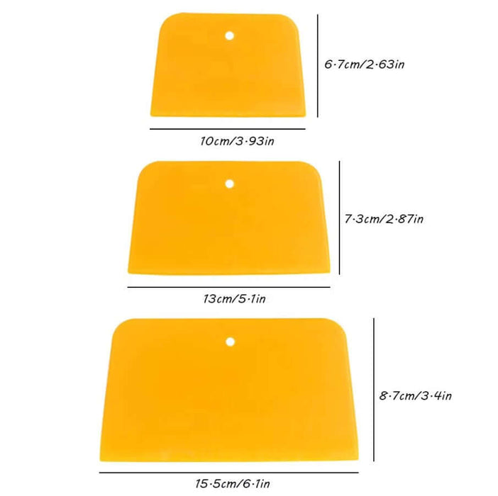 Three-piece set of yellow body filler spreaders in 4, 5, and 6-inch sizes, ideal for auto body repair and smooth application.