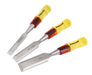 Fuller Chisel Set 3 Piece with Impact Resistant Handles, Drop-Forged Steel Blades in 12mm, 19mm, and 25mm Sizes.