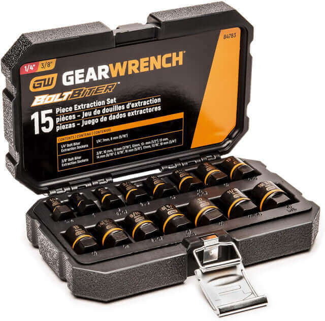 GEARWRENCH Bolt Extractor set, 15 PC 1/4" & 3/8" DRIVE BOLT IMPACT EXTRACTION SOCKET SET