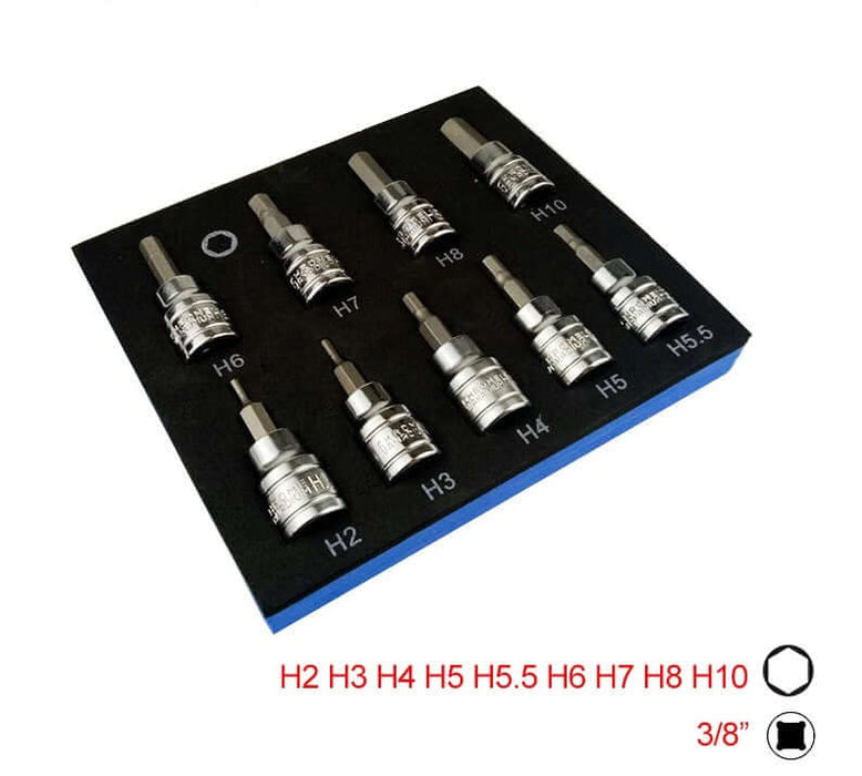 9-Piece 3/8-Inch Drive Hex Key Socket Set in Foam Tray H2 to H10 for Organization in Toolbox