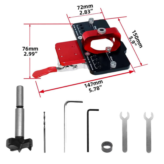 Woodworking Hole Drilling Guide Locator with 35mm Hinge Boring Jig and accessories for precise hinge positioning and drilling.