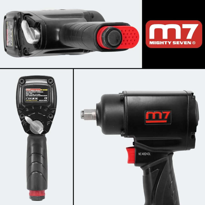 M7 Quiet-Series 1/2" Drive Air Impact Wrench showcasing its ergonomic design and features for versatile industrial applications.