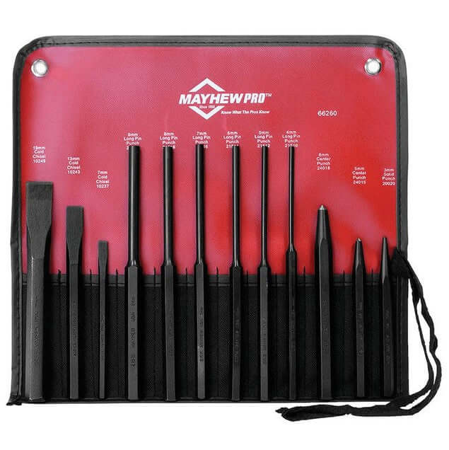 Mayhew Met Punch & Chisel Set 12Pc displayed in a red roll-up case, ideal for precision riveting and chiseling tasks.